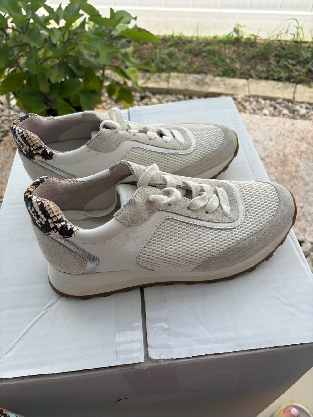 Veronica Beard Cream & Snake-Print Accent Sneakers